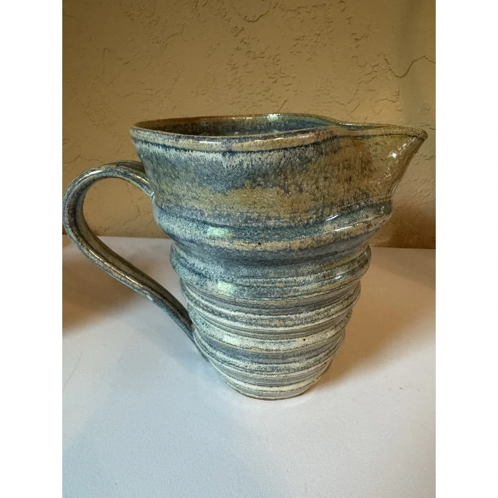 Signed Studio Art Pottery Pitcher Blue Green Earth Tone Glaze 2003 Jug